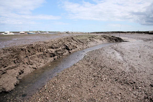 The channel to Brancaster Staithe at low water, cut down to a shallow trickle winding between banks of mud and shell, with boats sitting aground in the distance.