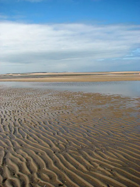 Holkham beach on a big ebb tide: ripples of wet sand running to the horizon with a shallow sheet of water lying across them and a distant sandbank under a wide sky.